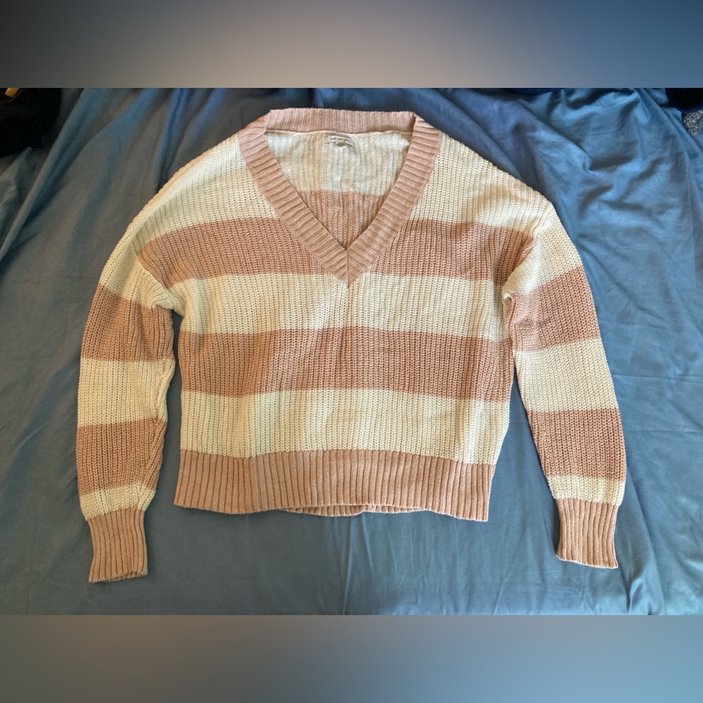 American Eagle Striped V-Neck Cable Knit Sweater